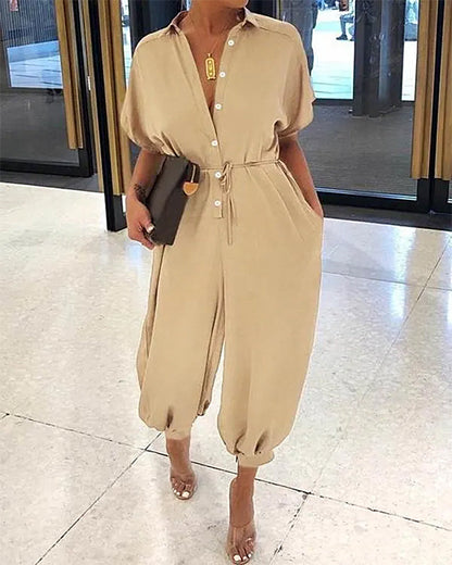 solid color lapel slim long single breasted rompers short sleeve jumpsuits