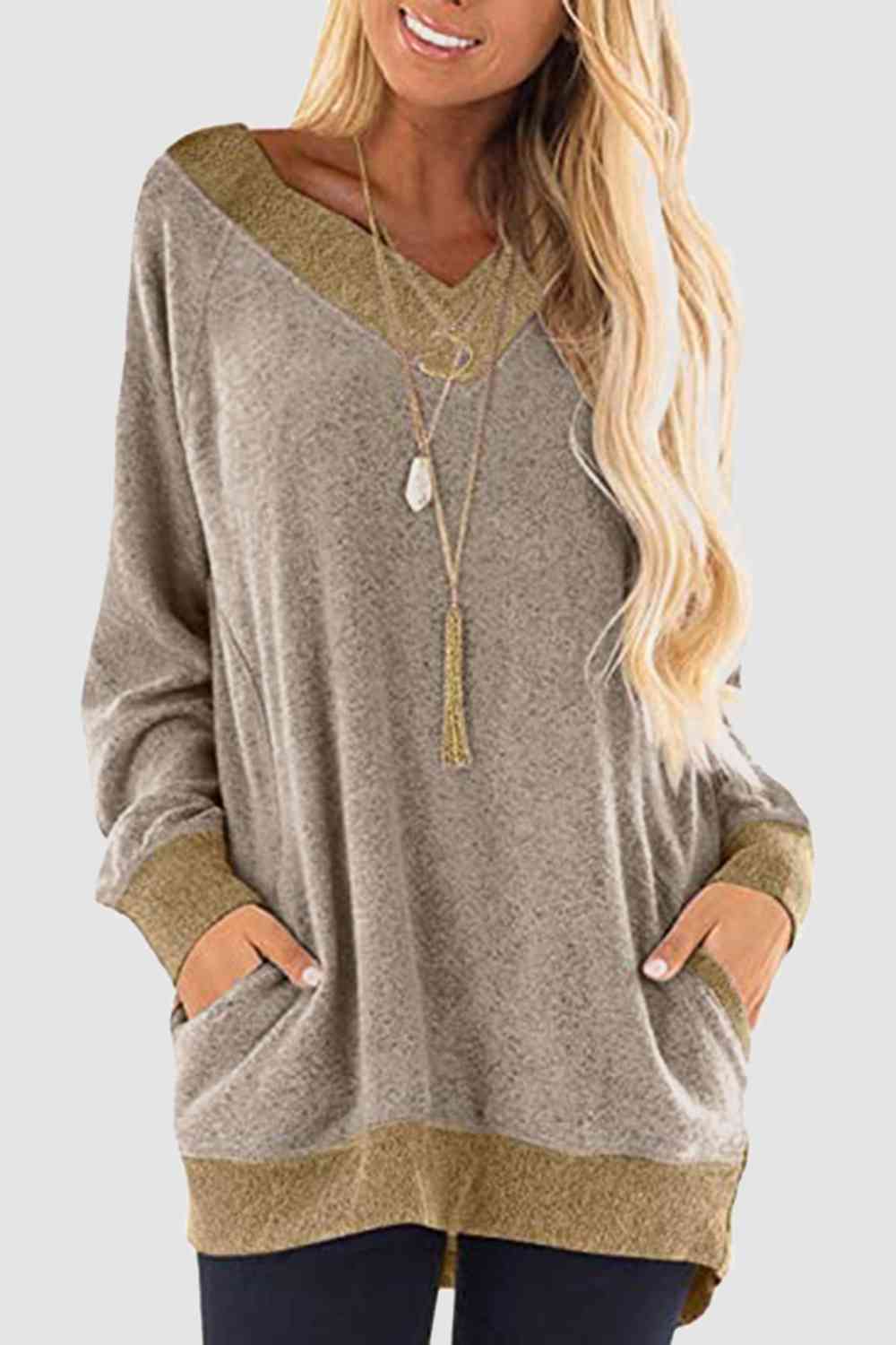 V-Neck Long Sleeve Sweatshirt with Pockets king-general-store-5710.myshopify.com