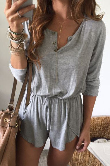 Pure Color Scoop Long Sleeves Short Loose Jumpsuit