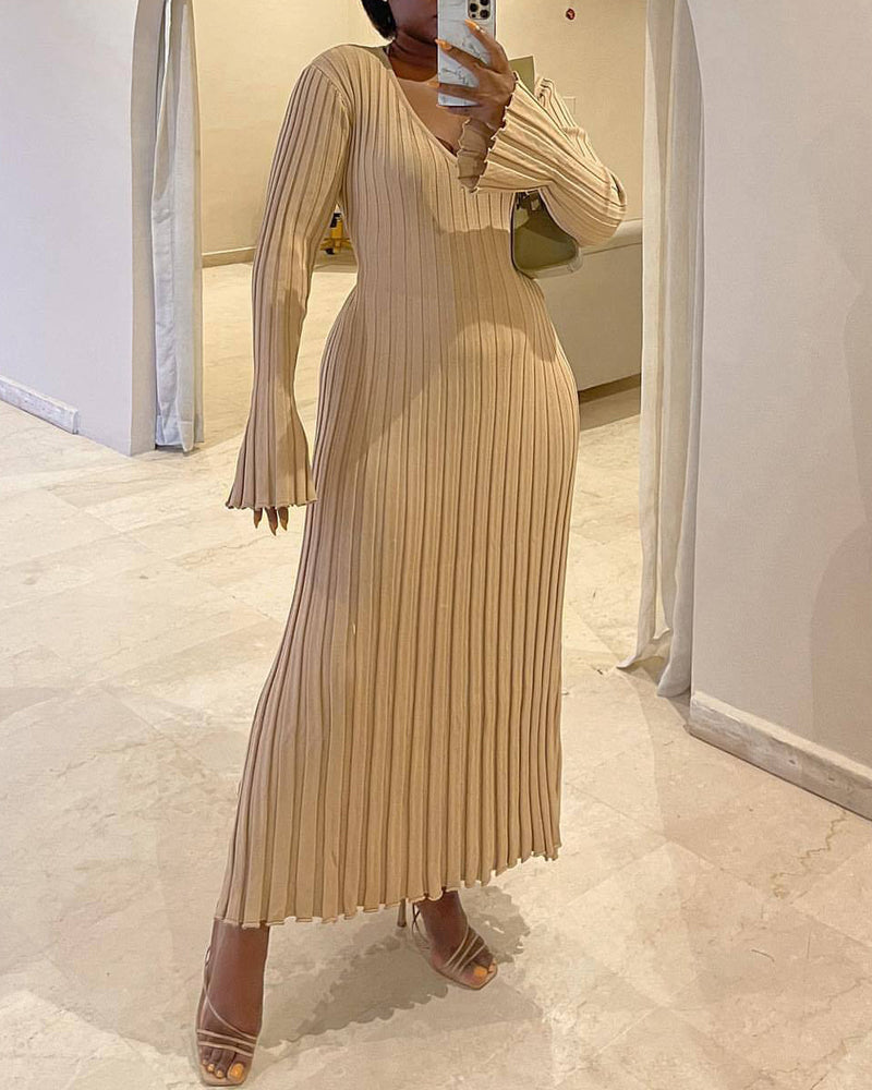 long sleeve dress v neck knit maxi dress ribbed elegant long high waist pleated dresses