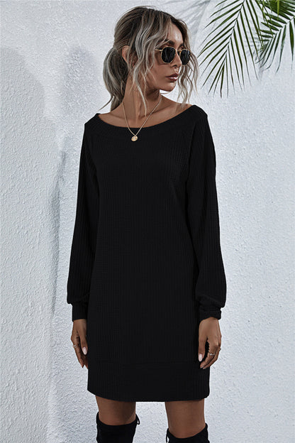 Black Here For The View Waffle-Knit Boat Neck Mini Dress