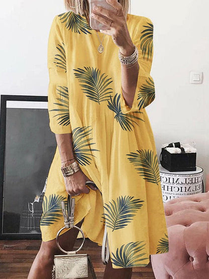 Floral Plant Print Long Sleeve Beach Holiday Loose Women Midi Dress