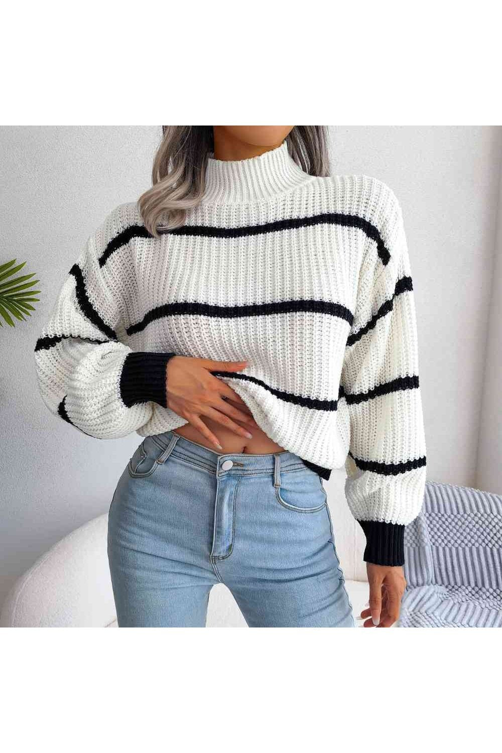 Striped High Neck Rib-Knit Lantern Sleeve Sweater - Pullover Sweaters - FITGGINS