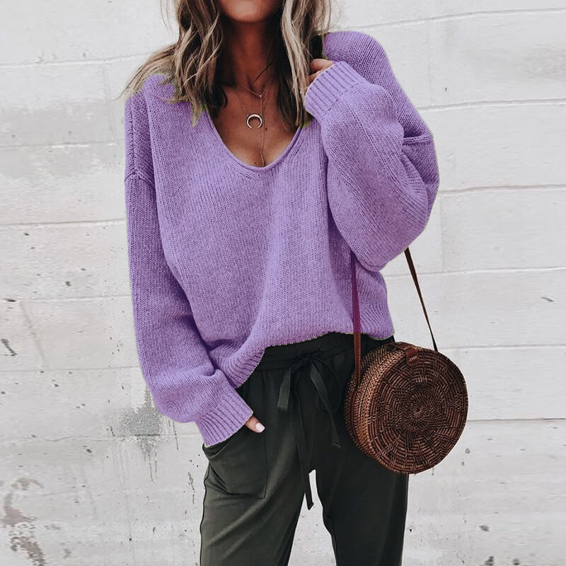 V-neck Bright Color Pullover Sweater 