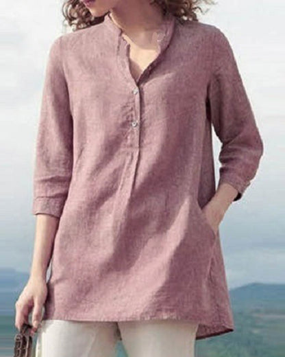 Solid Color Mid Sleeve Shirt Retro Urban Casual Stand Collar Loose Cotton Blouses