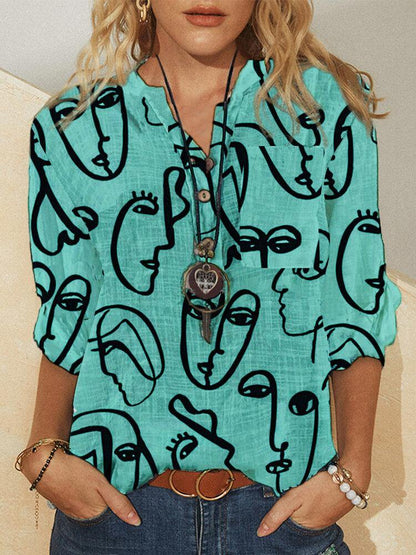 Abstract Face Figure Print V-neck Button Long Sleeve Pocket Blouse For Women - Trendha