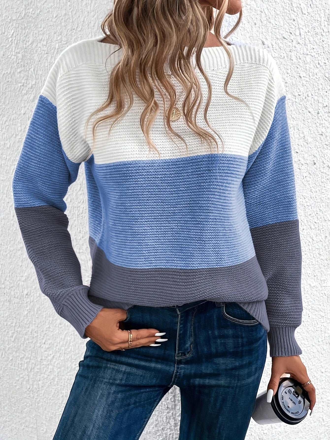 Women's Round Neck Long Sleeve Colorblock Sweater in 8 Colors S-XL