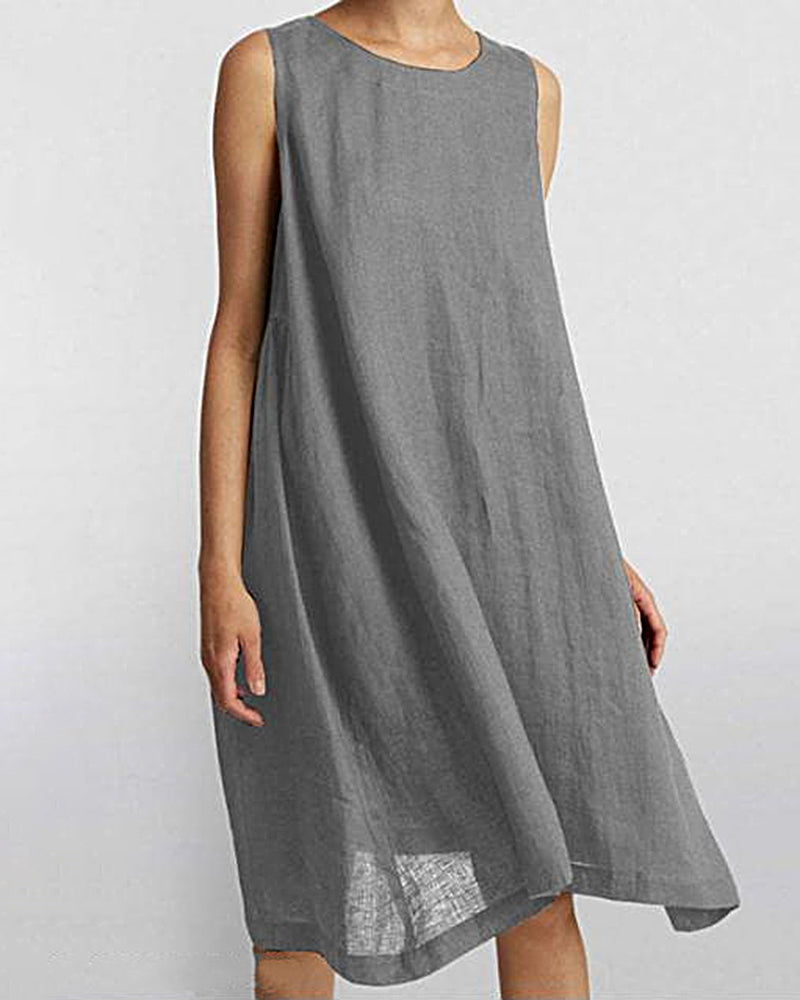 Cotton Linen Dress Sleeveless Crew Neck Loose Baggy Dress