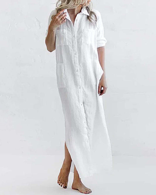 Cotton And Linen Shirt Dress Casual Loose Maxi Dresses