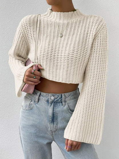 Mock Neck Long Sleeve Cropped Sweater Beige C.J@MZ clothes crop top crop tops cropped cropped sweater cropped top croptop long sleeves Ship From Overseas shirt shirts sweater sweaters top tops turtleneck sweater