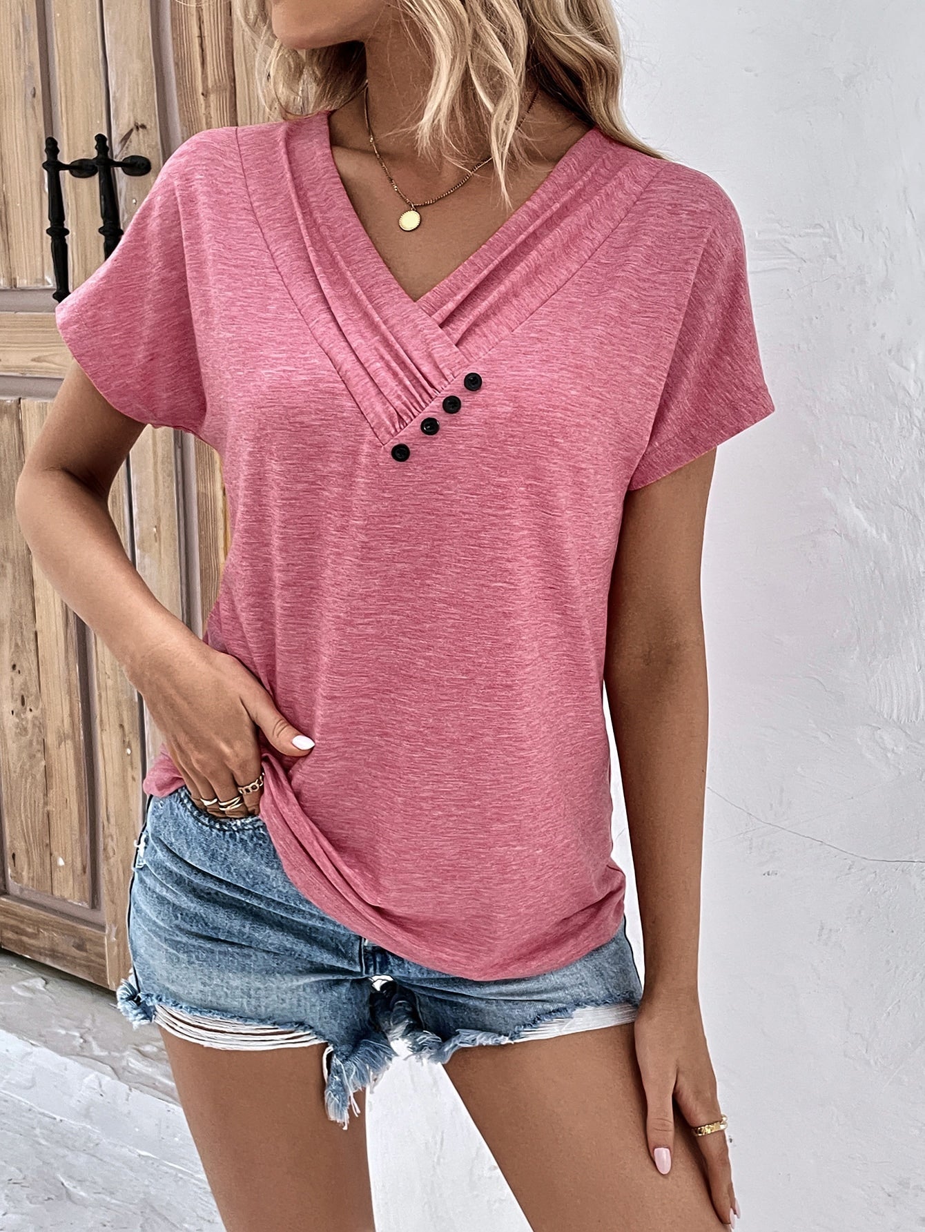 Bella® | Button Detail V Neck Tee