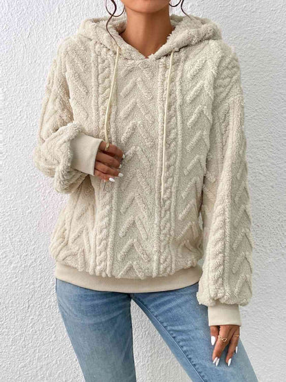 Drawstring Long Sleeve Cable Knit Fleece Hoodie - Sydney So Sweet