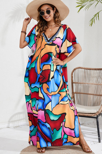 Colorful Printed V-Neck Short Sleeve Cover Up With Side Slit (12 Color Designs) swimwear Krazy Heart Designs Boutique