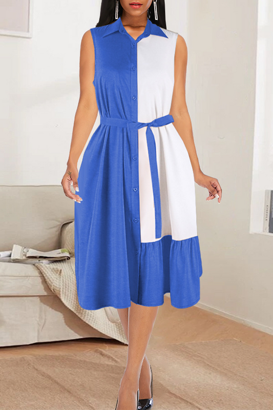 Sky Blue Casual Solid Split Joint Turndown Collar Cake Skirt Dresses