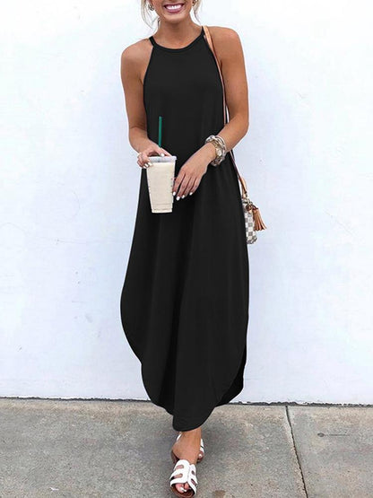 Women Sleeveless Straps High Low Hem Solid Causal Maxi Dress - MRSLM