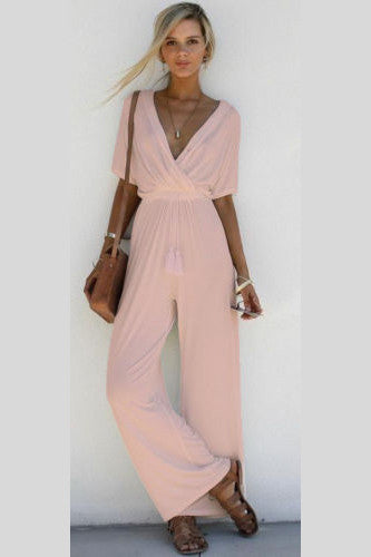 Pure Color V-neck Half Sleeves Loose Long Jumpsuit