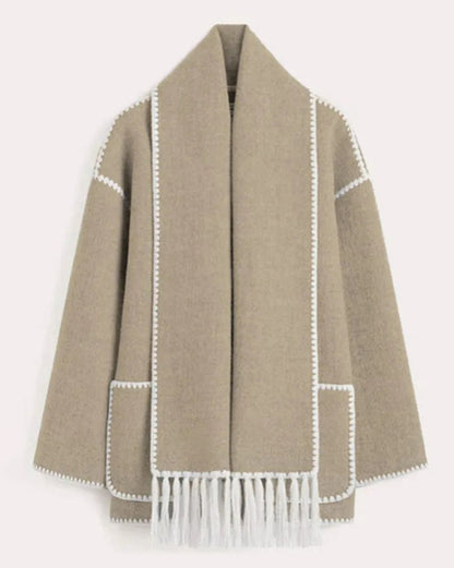 womens thickened loose woolen coat with fringed scarf