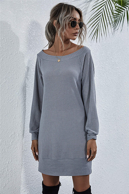 Gray Here For The View Waffle-Knit Boat Neck Mini Dress