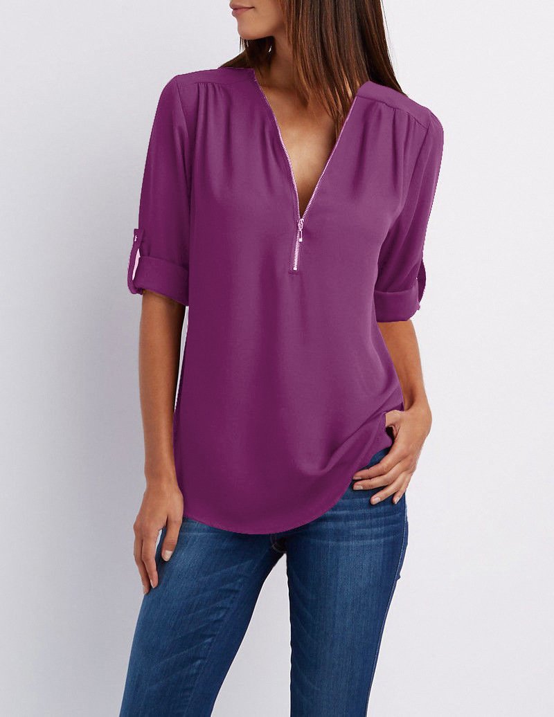 V-neck Candy Color Front Zipper Long Sleeves Loose Blouse