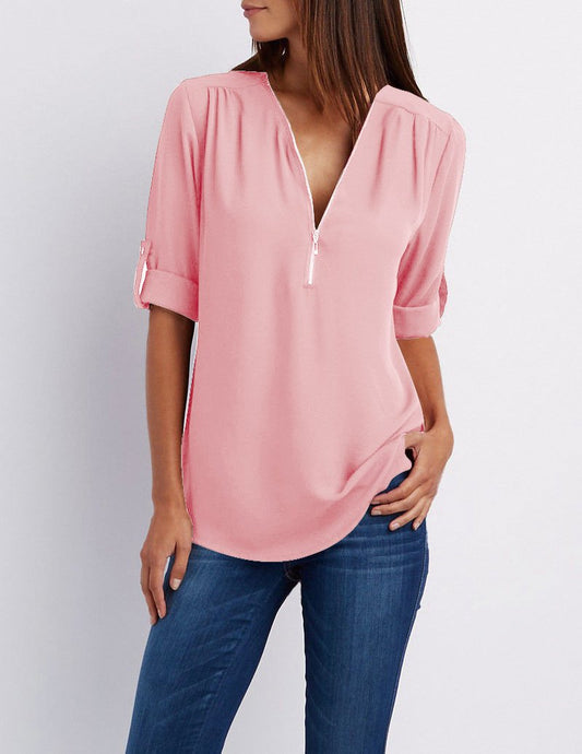 V-neck Candy Color Front Zipper Long Sleeves Loose Blouse