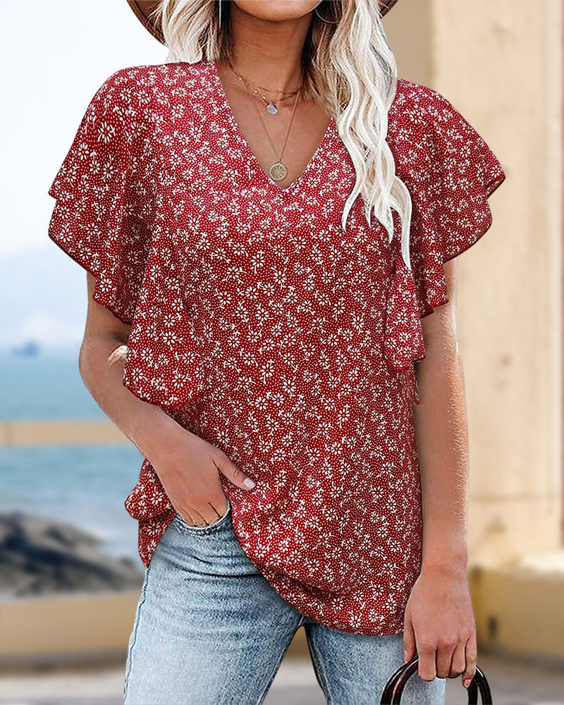 Trina® | Kurzärmelige Bluse mit V-Ausschnitt und Blumendruck