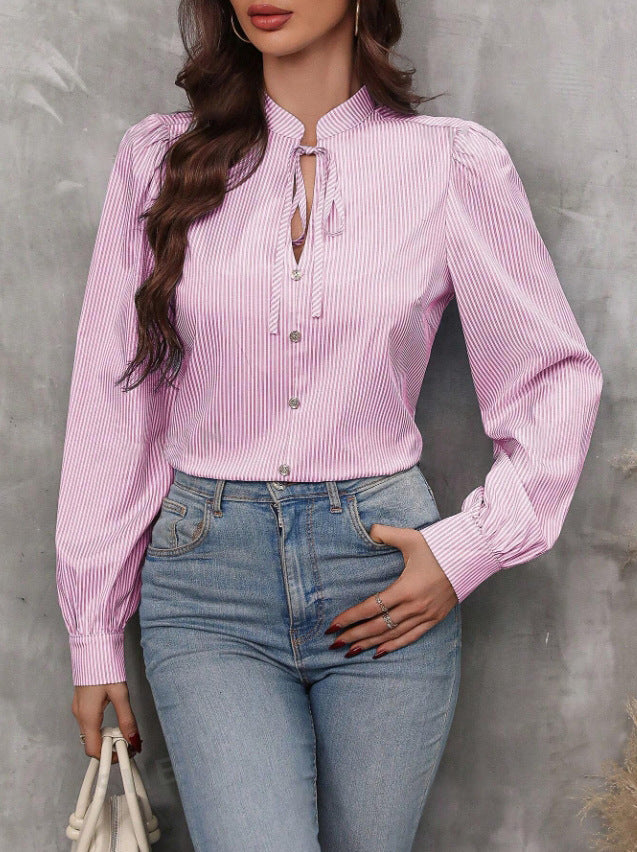 Women's V-Neck Striped Long Sleeve Blouse