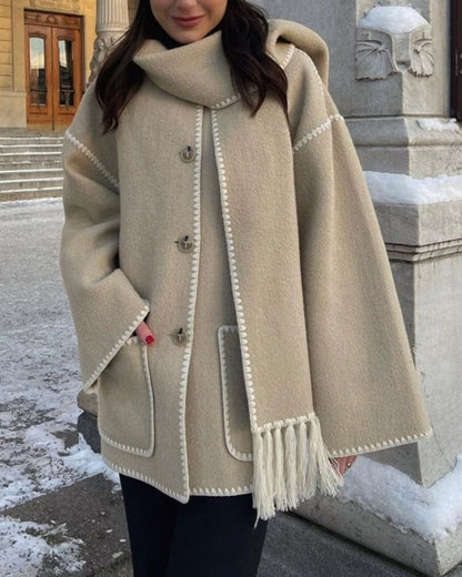 womens thickened loose woolen coat with fringed scarf