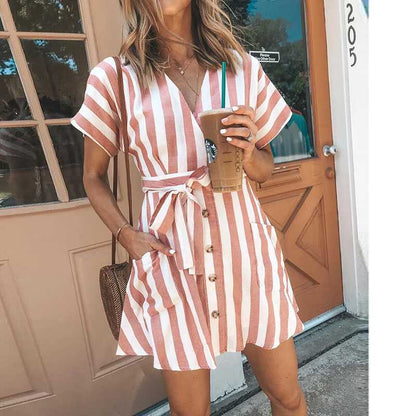 Classic Casual Deep V Neck Tie Waist Vertical Striped Bodycon dress