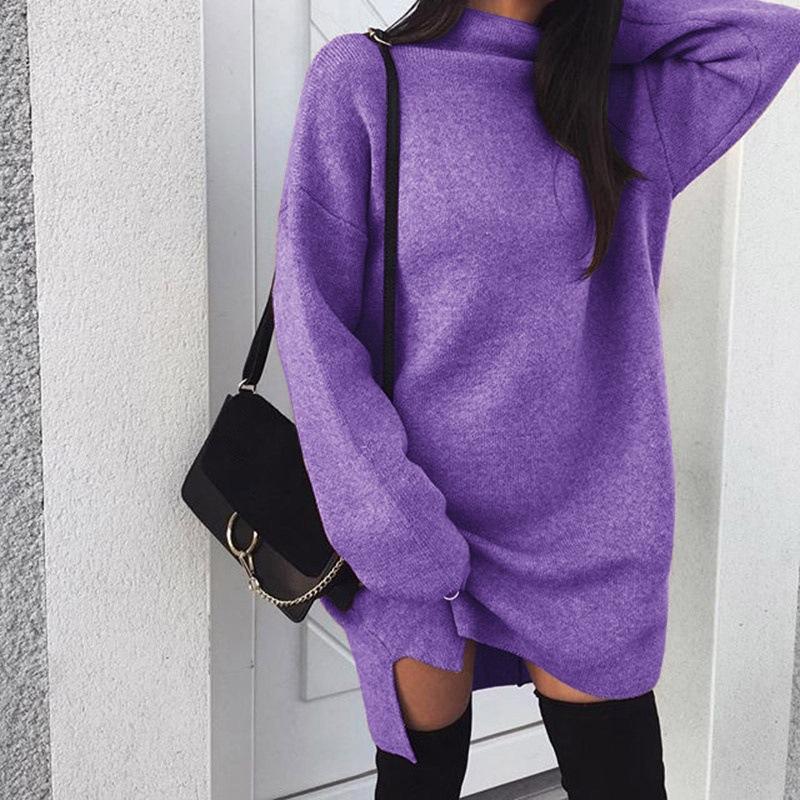 High Neck Solid Color Split Long Loose Women Pullover Sweater