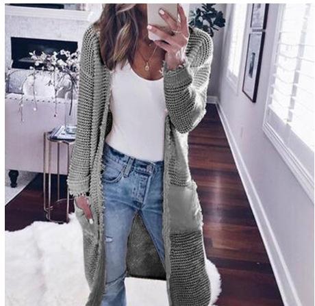 Solid Color Pockets Long Length Oversized Women Knit Cardigan