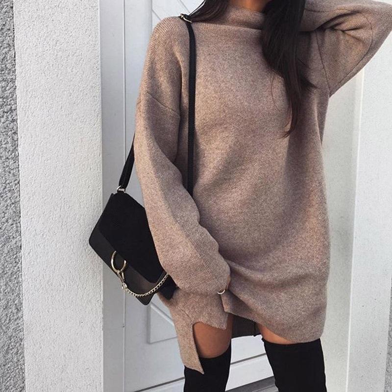 High Neck Solid Color Split Long Loose Women Pullover Sweater