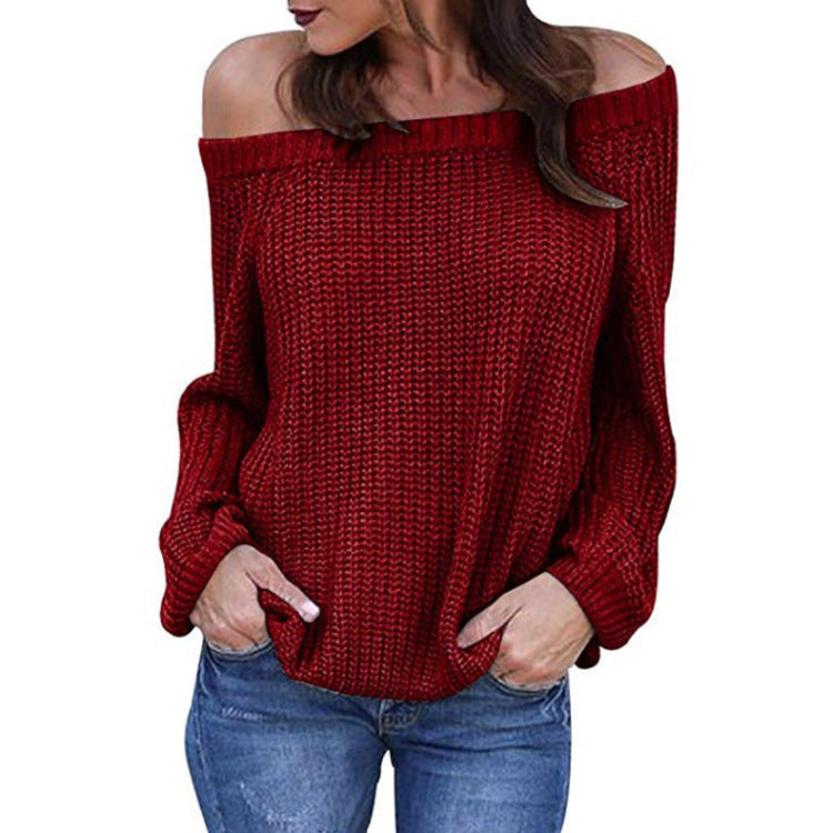 Off the Shoulder Women Long Bishop Sleeves Loose Pullover Sweater