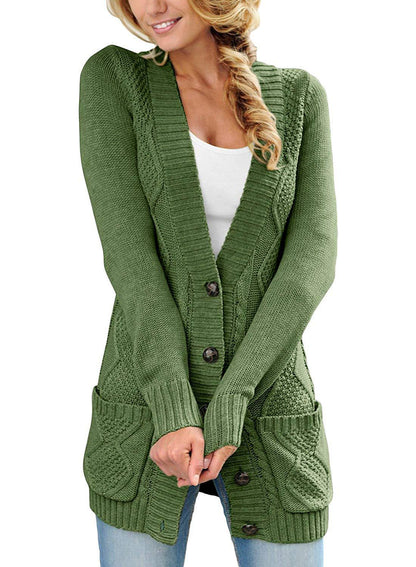 2018 Autumn Style Deep V-neck Buttons Pockets Long Women Cardigan