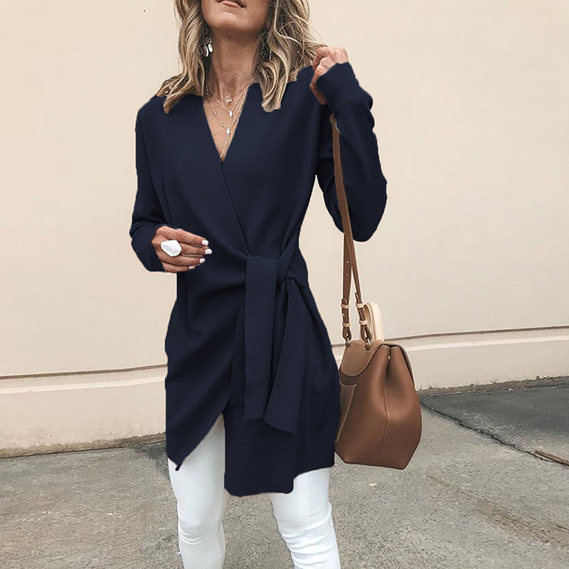 V-neck Solid Color Women Oversized Irregular Straps Bandage Coat