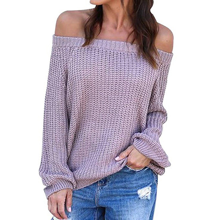 Off the Shoulder Women Long Bishop Sleeves Loose Pullover Sweater