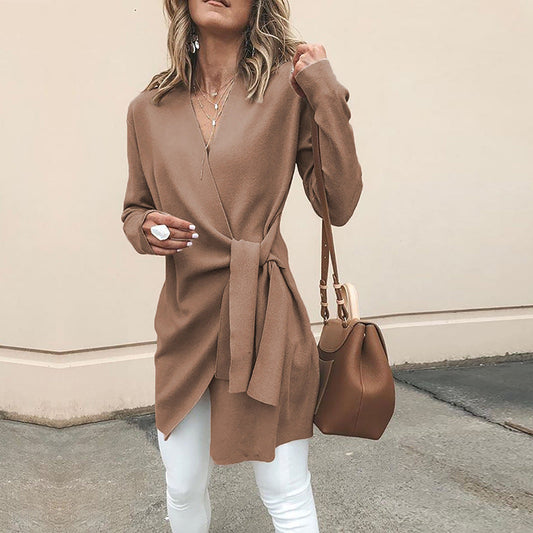 V-neck Solid Color Women Oversized Irregular Straps Bandage Coat