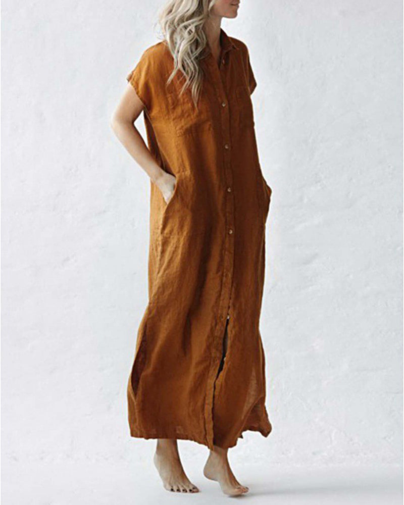 Sleeveless Linen Dress Loose Slim Knee Length Solid Color Shirt Dress