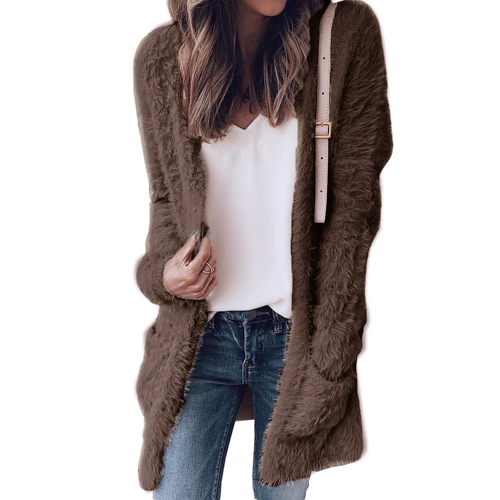 Teddy Solid Colors Two Pockets Women Boyfriend Style Oversized Cardigan Coat