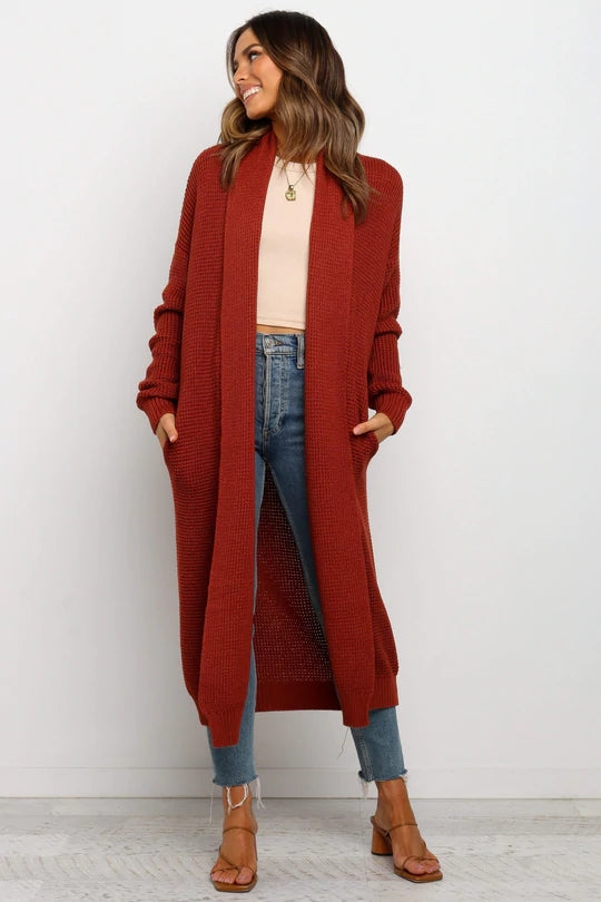 Warm and Comfortable Knitted Cardigan - Long Loose-Fit Sweater for Women  S Brick Red 