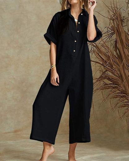 Short Sleeve V Neck Jumpsuit Button Down Turndown Collar Wide Leg Jumpsuit