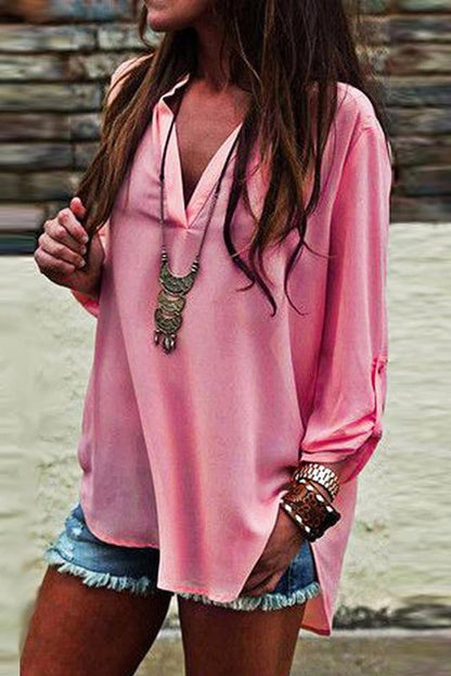 Deep V-neck Pure Color Long Sleeve Loose T-shirt