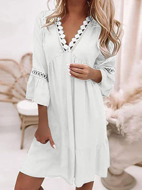 A-Line Flowy Dresses- Solid A-Line 3/4 Sleeve Flowy Dress with Lace Accents- - Pekosa Women Clothing