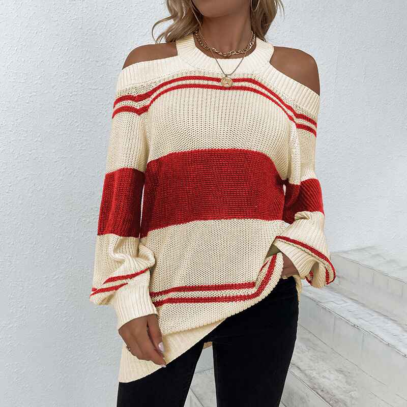 Black-Sweaters-for-Women-Halter-Cold-Shoulder-Color-Block-Criss-Cross-V-Back-Chunky-Knit-Pullover-Jumper-Tops-Tunics-K270