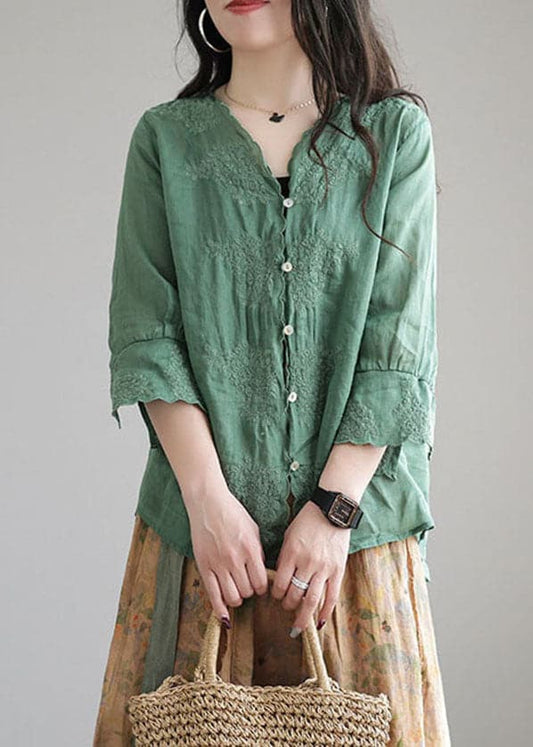 Aqua Green Patchwork Linen Shirt Embroideried Half Sleeve GK-HTP220512