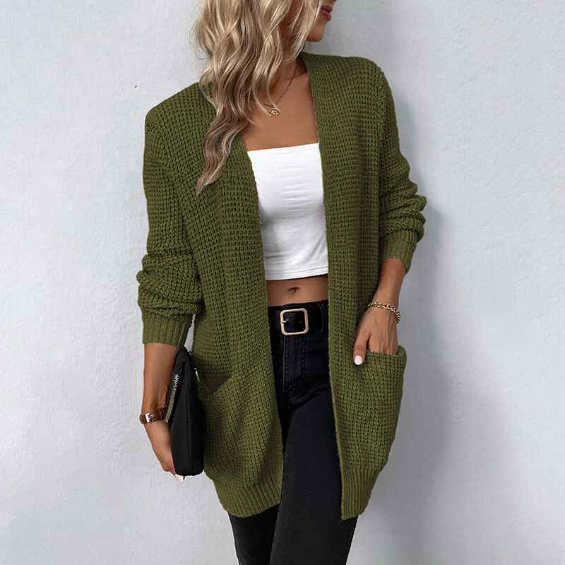 Black-Womens-Long-Sleeve-Open-Front-Waffle-Chunky-Knit-Cardigan-Sweater-Outwear-with-Pockets-K408