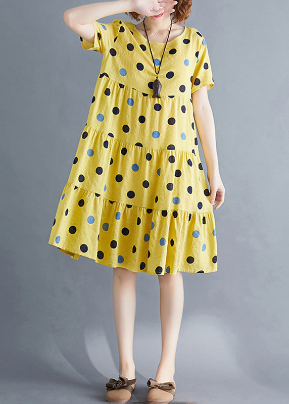 Yana® | Art Yellow Dot Print Patchwork Holiday Mid Dress Short Sleeve