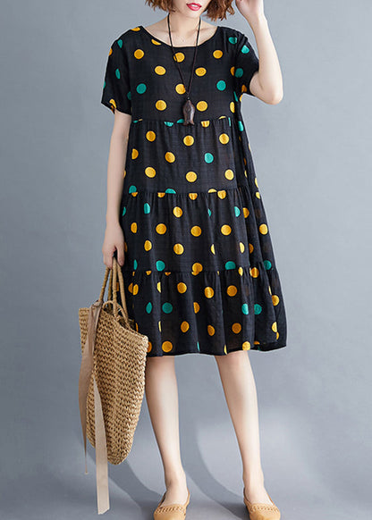 Yana® | Art Yellow Dot Print Patchwork Holiday Mid Dress Short Sleeve