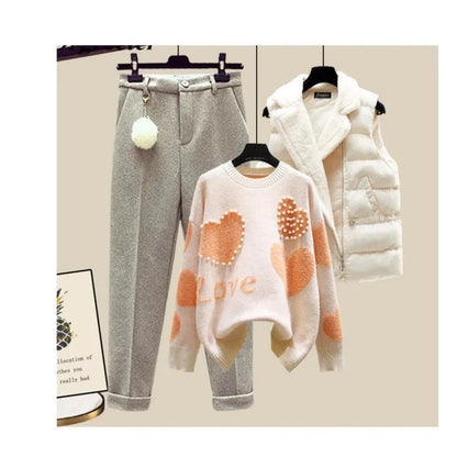 Autumn Winter New Warm Sweater 3 piece set Women Korean Fashion Sweet Heart-shaped beaded Sweater +Lamb wool vest +Pants Suits AMAIO