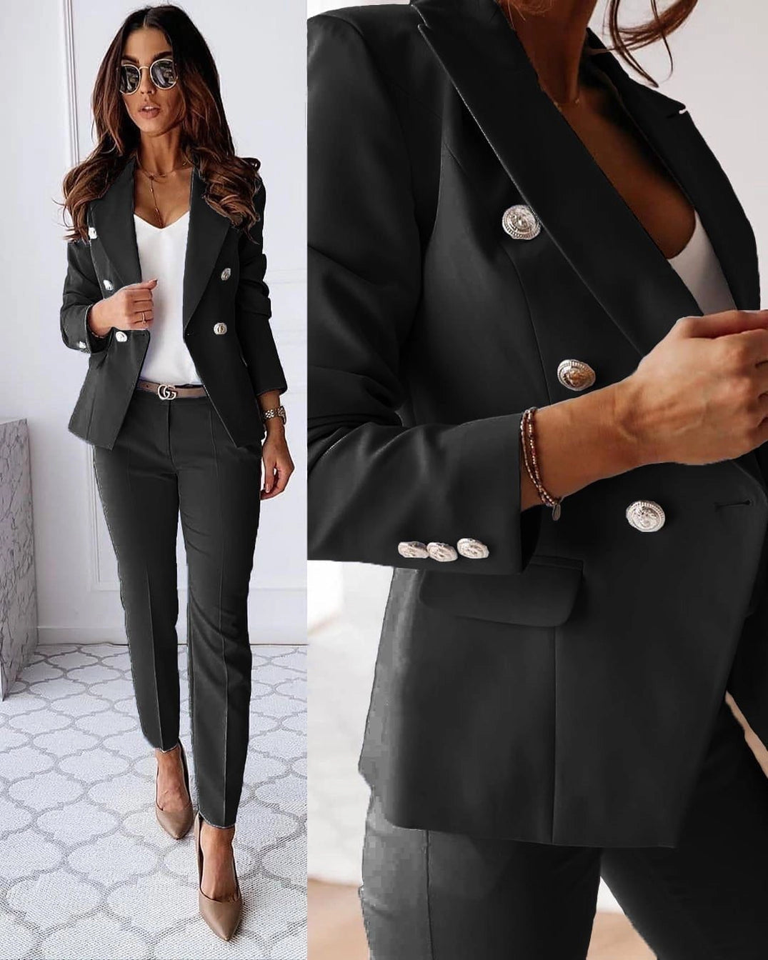 Black designer double-breasted women's blazer with silver buttons, featuring long sleeves and a tailored fit.