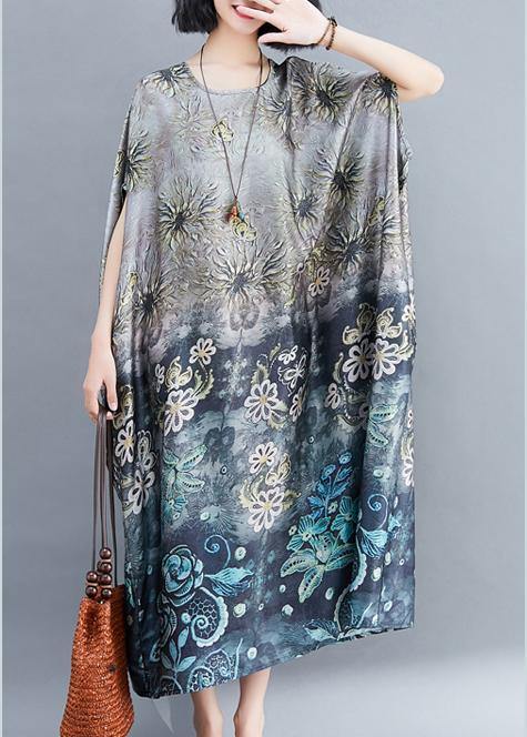 Beautiful Gray Print Long O Neck Baggy  Summer Dress - SooLinen